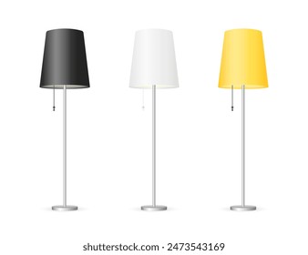 Classic decorative floor lamp Original sample model. Retro Style on a White. Electric Torchere for Room Interior. Black, white, yellow floor lamp for decoration design. Vector illustration