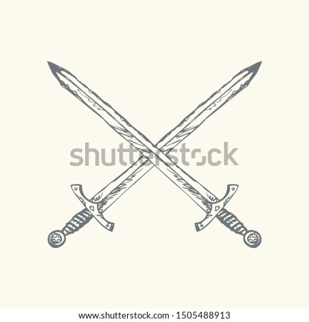Classic decorative hilt of aged iron gothic cutlass dirk tool on white background. Freehand line black ink hand drawn scribble longsword logo sign sketchy pen on paper. Closeup view and space for text