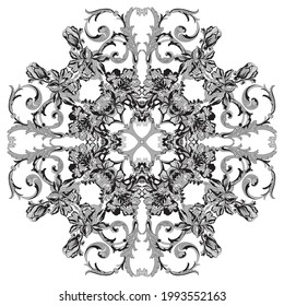 Classic decorative lace elements in a round frame