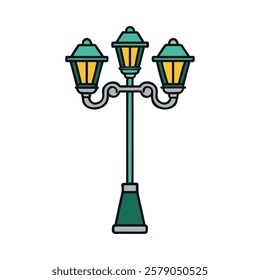 Classic decorative street lamp with multiple glowing lanterns