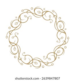 Classic decorative wreath with stylized vines and scrolls. Elegant botanical round frame for wedding and natural branding. Vector file.