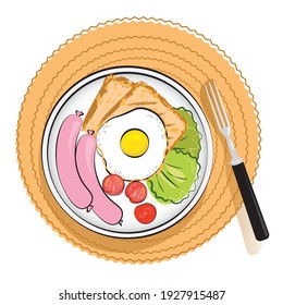 Classic delicious breakfast. Nicely served food on a plate with a fork, knife, on a straw napkin. Fried egg, fresh lettuce, cherry tomatoes, slices of cheese, toast. An energizing family meal.