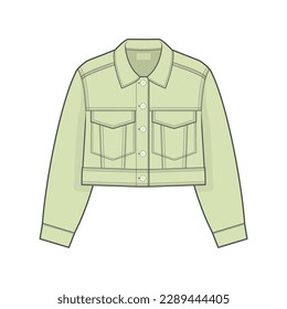 classic Denim jacket fashion technical drawing template. Denim jacket technical fashion Illustration, front view, green, CAD mockup set.