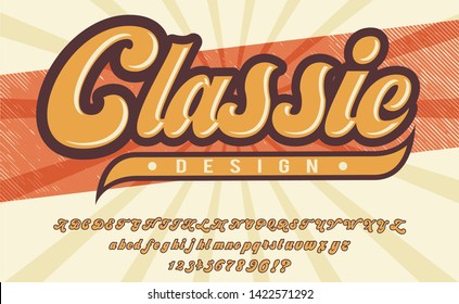 Classic design. 3D vintage script font. Retro typeface. Vector font illustration. Comics style.