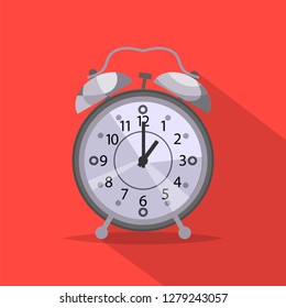 Classic design alarm clock with shadow. Flat picture, icon, symbol, sign. Vector illustration