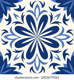 The classic design ceramic tiles feature intricate floral and leaf motifs. Square vintage tiles. Mediterranean seamless dark blue pattern. Majolica. S