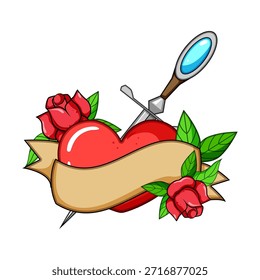 Diseño clásico con un corazón rojo atravesado por una espada, rodeado de rosas vibrantes y un Anuncio de cinta personalizable, que representa un amor intenso, pasión o sacrificio