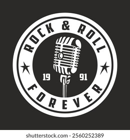 A classic design featuring a retro microphone symbolizes the essence of rock and roll. The artwork includes the year 1991 and the phrase forever emphasizing timeless music appeal.