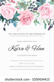 The Classic Design Of A Wedding Invitation With Flowering Roses, Plants, White Flowers And Leaves. Pastel Color Floral Border. Elegant Vertical Card Template. Vector Illustration.