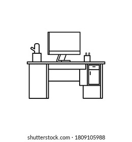 Classic desk setup icon in line style. Outline vector office desk table