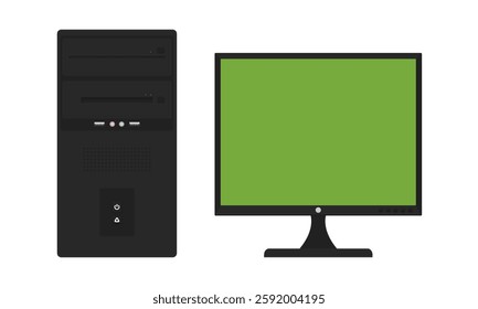 Classic desktop computer setup with 4 by 3 monitor. Vector illustration of an old desktop computer isolated on a white background