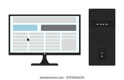 Classic desktop computer setup with widescreen monitor. Vector illustration of a desktop computer isolated on a white background