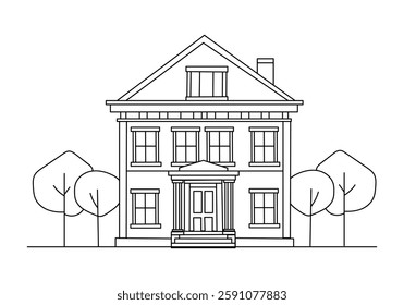 A classic, detailed line drawing of a stately, historic house with a prominent portico and landscaping.