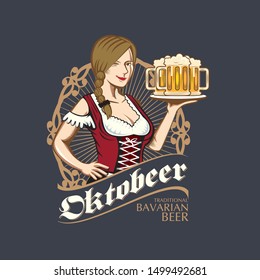 A classic and detailed vector illustration featuring a charming woman dressed in traditional Bavarian Dirndl, smiling and carrying a tray of frothy beer mugs. Set against a vintage decorative frame with "Oktoberfest" and "Traditional Bavarian Beer" text. Perfect for beer festival posters, brewery logos, pub menus, German restaurant branding, and autumn celebration materials.