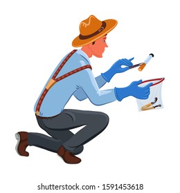 A classic detective in a brown hat collects evidence into a bag. Vector colorful illustration in cartoon style.