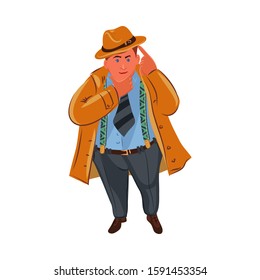 The classic detective in brown hat thinking. Vector colorful illustration in cartoon style.