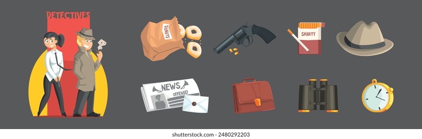 Clásico Detective Artículos y Herramientas Colorido Conjunto de Vector