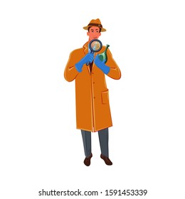 The classic detective with a magnifying glass examines a clue bottle. Vector colorful illustration in cartoon style.