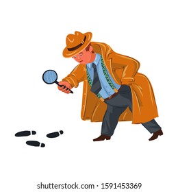 The classic detective with a magnifying glass following footprints. Vector colorful illustration in cartoon style.