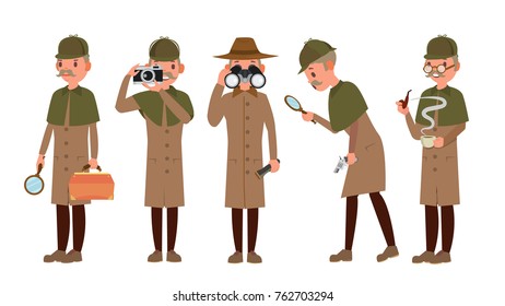 Classic Detective Vector. Retro Professional Funny Snoop, Shamus. Loking Through Magnifying Glass. Sleuthing, Disguising. Flat Cartoon Illustration