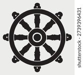 Classic Dharmachakra symbol, also known as the dharma wheel, depicting eight spokes representing the Eightfold Path in Buddhism, a profound emblem of spiritual growth and enlightenment