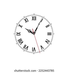 Classic dial with Roman numerals and second hand. Flat vector illustration isolated on white background.