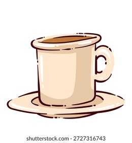 Taza de café clásica del restaurante en platillo, símbolo americano del café de la carretera, bebida caliente del café, viaje y elemento del viaje de la carretera, detalle de la cultura de la comida retro, Ilustración vectorial de la historieta