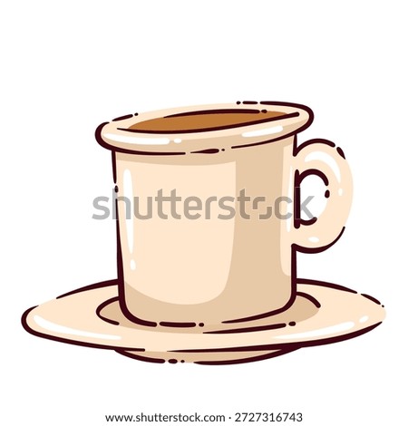 Classic diner coffee cup on saucer, American roadside cafe symbol, hot coffee drink, travel and road trip element, retro food culture detail, cartoon vector illustration