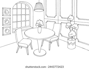 Classic dining room home interior graphic black white sketch illustration vector