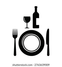 Classic dining set featuring wine glass, fork, knife, plate, and bottle