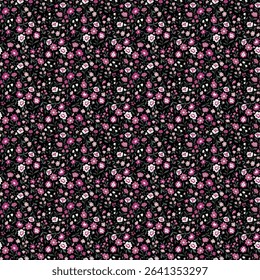 Classic ditsy floral seamless pattern with small pink flowers on a black background. Elegant millefleur design for fabric, textile print, and wallpaper.