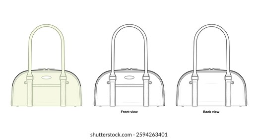 Classic Dome Shoulder Bag Technical Fashion Illustration. Curved-Top Handbag Vector Template. Dual Top Handles. Zip Closure. Minimalist and Timeless Design. Women’s Accessories. CAD Mockup set. 