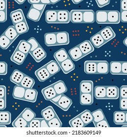 Classic Dominoes. Board Game Vector Seamless Pattern for Kids. Blue Background with Scattered Domino Stones.