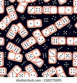 Classic Dominoes. Board Game Vector Seamless Pattern for Kids. Black Background with Scattered Domino Stones.