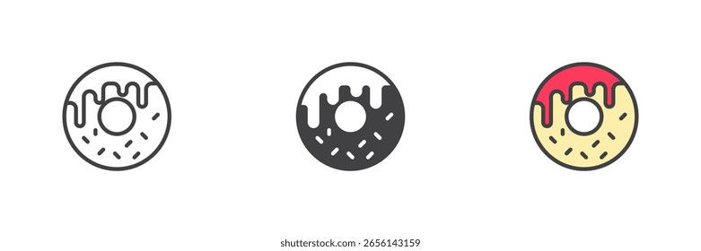 Klassische Donut mit Glasur Symbol in Linie gesetzt, geschlossen und gefüllt Umriss Stil. Süßes Dessert, Vektorsymbol und Symbol mit Vereisung für die Gestaltung von Bäckereien oder Cafés.