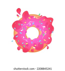 A classic donut with pink icing flying off a white background. Splashes of colored glaze and colored sprinkles. Seamless pattern.