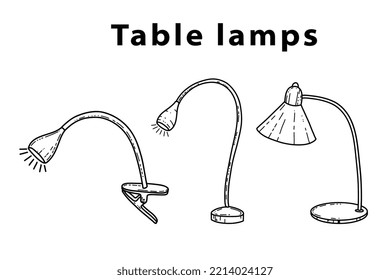 Classic doodle-style table lamps for living room, painted o r different types of styles, modern and vintage. Vector illustration