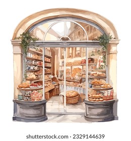 classic door entrance with window display of european bakery pastry shop in watercolor illustration