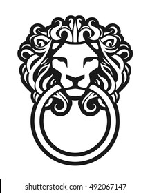 Classic door knocker. Lion head with ring, isolated on white background. Vector illustration.
