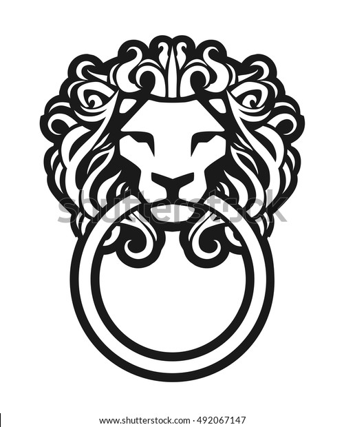 Classic door knocker. Lion head with\
ring, isolated on white background. Vector\
illustration.