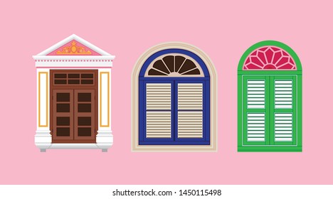 A classic doors set. Chinese home styles, vector illustration, Sino-Portuguese style