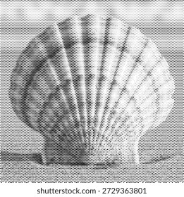 Uma ilustração clássica de padrão de pontos de uma concha de mar de vieira. Este projeto costeiro é perfeito para marca de restaurante de frutos do mar, sinalização de resort de praia, panfletos de conservação marinha e decoração marítima. O sombreamento de meio-tom realça os cumes e a forma icônica do ventilador do shell. Arte vetorial de alta qualidade para imagens limpas e icônicas com tema marítimo na indústria de alimentos e turismo.