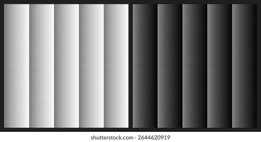 Classic dotted halftone grid seamless pattern. Vertical stripes of black white textured color gradient. Grainy geometrical disappearing noise. Vector print for fabric, interior textile, backdrop.
