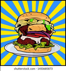 Classic Double Burger On A Pop Art Background. Colorful Big Vegan Hamburger Sandwich  Junk Food. Retro Comic book cartoon, vintage Illustration. Classic Vector Pop Art colored drawing