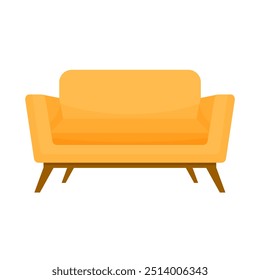 Classic double sofa in cartoon style on a white tiled background. Simple illustration of upholstered furniture. Yellow sofa