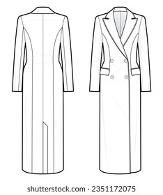 Classic Double-Breasted coat fashion flat technical drawing template. Double-Breasted coat vector template illustration. front and back view. white colour. CAD mockup.