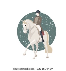 Classic dressage, a rider on a horse performs the half pass, vector illustration