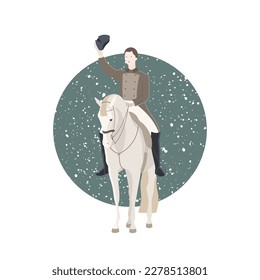 Classic dressage rider on horseback, front view, vector illustration