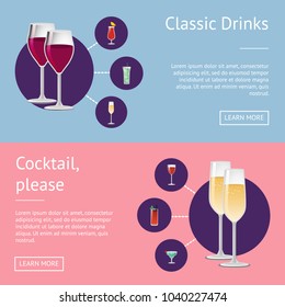 Classic drinks, cocktail please, set of posters with alchohol beverages on your choice in round circles vector online web banner learn more push button