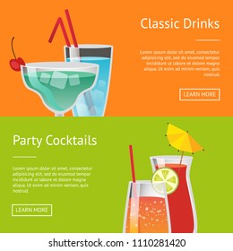 Classic drinks party cocktails set of web posters place for text, classical alcohol banner with refreshing summer beverages vector exotic webpages